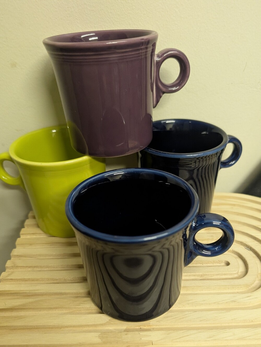 4 Fiesta Mugs in Navy, Plum, and Yellow-Green 4 Mug Lot